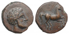 Sicily, Soloi, c. 300-241 BC. Æ (12mm, 1.66g, 5h). Bearded head r. (Melqart?). R/ Horse galloping r. CNS I, 16; HGC 2, 1259. Brown patina, smoothed, G...