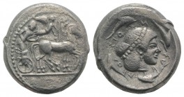 Sicily, Syracuse, c. 485-466 BC. AR Tetradrachm (26mm, 17.02g, 12h), c. 480-470 BC. Charioteer driving quadriga r.; above, Nike flying r., crowning ho...