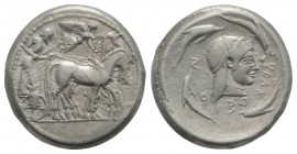 Sicily, Syracuse. Hieron I (478-466 BC). AR Tetradrachm (25mm, 17.20g, 12h), c. 478-475 BC. Charioteer driving slow quadriga r.; above, Nike flying r....