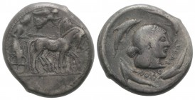 Sicily, Syracuse. Hieron I (478-466 BC). AR Tetradrachm (25mm, 16.92g, 3h), c. 478-475 BC. Charioteer driving quadriga r.; above, Nike flying r., crow...