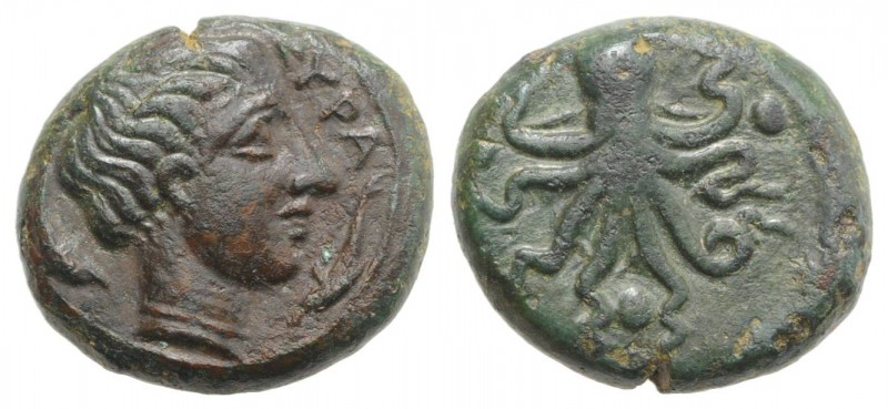 Sicily, Syracuse, c. 435-415 BC. Æ Tetras (15mm, 3.95g, 6h). Head of Arethusa r....