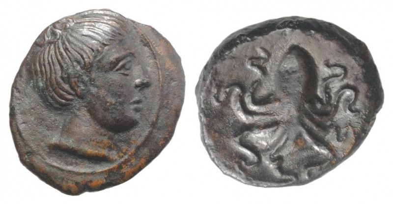 Sicily, Syracuse, c. 435-415 BC. Æ Onkia (11mm, 1.10g, 3h). Head of Arethusa r. ...