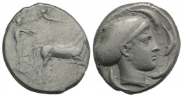 Sicily, Syracuse, c. 430-420 BC. AR Tetradrachm (28mm, 17.41g, 6h). Charioteer, holding reins in both hands, driving slow quadriga r.; above, Nike fly...