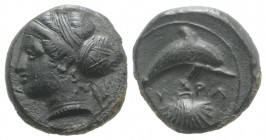 Sicily, Syracuse, c. 415-405 BC. Æ Hemilitron (15mm, 3.28g, 1h). Head of Arethusa l., hair bound in ampyx and sphendone; two leaves to r. R/ Dolphin s...
