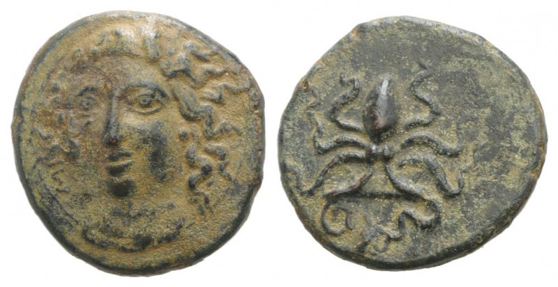 Sicily, Syracuse, c. 415-405 BC. Æ Tetras (14mm, 1.95g, 5h). Head of nymph facin...