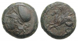 Sicily, Syracuse, c. 375-344 BC. Æ Hemilitron (16mm, 6.36g, 2h). Head of Athena l., wearing Corinthian helmet. R/ Hippocamp l.; no bridle. CNS II, 34;...