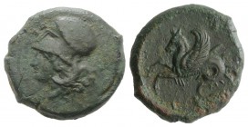 Sicily, Syracuse, c. 375-344 BC. Æ Hemilitron (18mm, 5.72g, 9h). Head of Athena l., wearing Corinthian helmet. R/ Hippocamp l.; no bridle. CNS II, 34-...