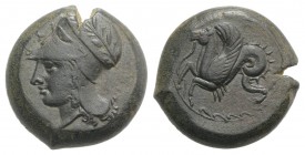 Sicily, Syracuse, c. 375-344 BC. Æ Hemilitron (18mm, 7.27g, 9h). Head of Athena l., wearing Corinthian helmet. R/ Hippocamp l. CNS II, 41; SNG ANS 434...