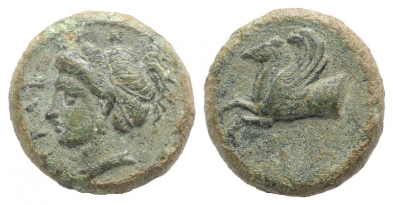 Sicily, Syracuse, 344-334 BC. Æ Hemilitron (16mm, 5.40g, 7h). Head of Persephone...
