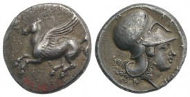 Sicily, Syracuse, 344-317 BC. AR Stater (21mm, 8.47g, 9h). Pegasos flying l. R/ Helmeted head of Athena r. Pegasi 1; SNG ANS 494-507; HGC 2, 1400. Ton...