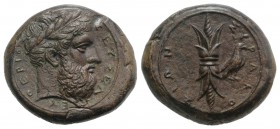 Sicily, Syracuse, c. 339/8-334 BC. Æ Hemidrachm (24.5mm, 13.43g, 12h). Laureate head of Zeus Eleutherios r. R/ Upright thunderbolt; to r., eagle stand...