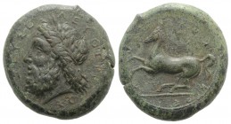Sicily, Syracuse, c. 339/8-334 BC. Æ Dilitron (27.5mm, 19.29g, 1h). Laureate head of Zeus Eleutherios l. R/ Horse rearing l. CNS II, 80; SNG ANS 533-4...