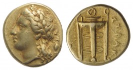 Sicily, Syracuse. Agathokles (317-289 BC). EL 50 Litrai (14mm, 3.50g, 11h), c. 306/5 BC. Laureate head of Apollo l.; amphora behind. R/ Tripod. Jenkin...
