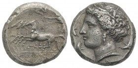 Sicily, Syracuse. Agathokles (317-289 BC). AR Tetradrachm (24mm, 16.81g, 12h), c. 317-310. Wreathed head of Arethusa l.; three dolphins around; NI bel...