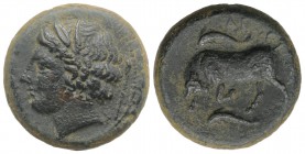 Sicily, Syracuse. Agathokles (317-289 BC). Æ Hemilitron (22mm, 10.10g, 12h), c. 317-310. Head of Kore l., wearing wreath of grain ears; torch behind. ...