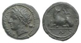 Sicily, Syracuse. Agathokles (317-289 BC). Æ (11mm, 1.54g, 9h), c. 317-310 BC. Laureate head of Apollo l.; pellet behind. R/ Recumbent hound l., head ...