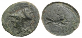 Sicily, Syracuse, c. 305-295 BC. Æ Trias (15mm, 2.00g, 12h), c. 304-289. Head of Athena l., wearing Corinthian helmet. R/ Winged thunderbolt. CNS II, ...