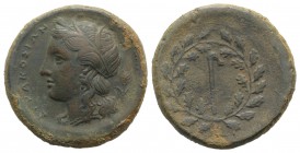 Sicily, Syracuse, 289-287 BC. Æ (26mm, 10.71g, 5h). Wreathed head of Kore l.; grain-ear behind. R/ Flaming torch in oak wreath. CNS II, 135; SNG ANS 7...
