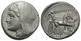 Sicily, Syracuse. Philistis (wife of Hieron II, 275-215 BC). AR 16 Litrai – Tetradrachm (28mm, 14.04g, 1h), c. 240-218/5 BC. Diademed and veiled head ...