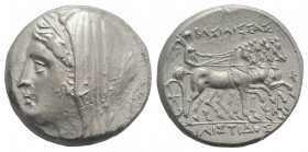 Sicily, Syracuse. Philistis (wife of Hieron II, 275-215 BC). AR 16 Litrai – Tetradrachm (26mm, 14.01g, 7h), c. 240-218/5 BC. Diademed and veiled head ...
