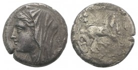 Sicily, Syracuse. Philistis (275-215 BC). AR 5 Litrai (17mm, 3.83g, 1h). Diademed and veiled head of Philistis l.; wreath behind. R/ Nike driving slow...