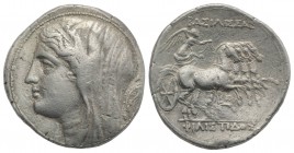Sicily, Syracuse. Philistis (wife of Hieron II, 275-215 BC). AR 16 Litrai – Tetradrachm (30mm, 13.80g, 12h), c. 240-218/5 BC. Diademed and veiled head...