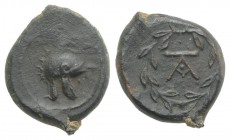 Sicily, Tauromenion, Campanian mercenaries, c. 392-358 BC. Æ (14mm, 2.01g, 1h). Campanian helmet r. R/ Monogram within laurel wreath. CNS III, 2-3; SN...