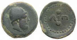 Islands of Sicily, Lipara, c. 440-420 BC. Æ Hexas or Dionkion (25mm, 12.66g, 9h). Bearded head of Hephaistos r., wearing pilos. R/ ΛΙΠ between two pel...