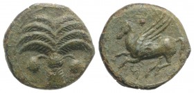 Sicily, Carthaginian Domain, c. 330-320 BC. Æ (14mm, 2.38g, 6h). Palm tree. R/ Pegasos flying l. CNS III, 16; SNG Copenhagen 107; HGC 2, 1672. Green p...