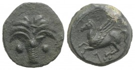 Sicily, Carthaginian Domain, c. 330-320 BC. Æ (15mm, 2.87g, 9h). Palm tree. R/ Pegasos flying l. CNS III, 16; SNG Copenhagen 107; HGC 2, 1672. Green p...
