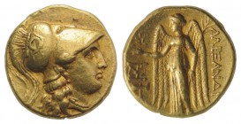 Kings of Macedon, Alexander III (336-323 BC). AV Stater (17mm, 8.57g, 11h). Miletos, c. 300-295 BC. Head of Athena r., wearing crested Corinthian helm...