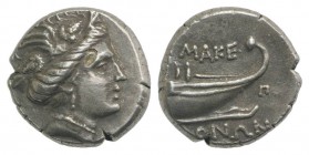 Macedon, time of Philip V – Perseus (187-168 BC). AR Tetrobol (12.5mm, 2.52g, 12h). Pella or Amphipolis. Head of maenad r. R/ Prow of galley r.; Π to ...