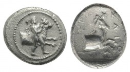 Thessaly, Trikka, c. 440-400 BC. AR Hemidrachm (15mm, 2.74g, 3h). The hero Thessalos holding a band below the horns of forepart of bull leaping r. R/ ...