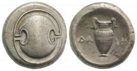 Boeotia, Thebes, c. 379-368 BC. AR Stater (22mm, 12.26g). Daim-, magistrate. Boeotian shield. R/ Amphora; ΔA-IM across field; all within incuse concav...