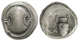 Boeotia, Thebes, c. 368-364 BC. AR Stater (20.5mm, 12.50g). Klion-, magistrate. Boeotian shield. R/ Amphora; KΛ-I[ΩN] across field; all within concave...