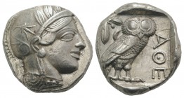 Attica, Athens, c. 454-404 BC. AR Tetradrachm (24mm, 17.26g, 6h). Helmeted head of Athena r. R/ Owl standing r., head facing; olive sprig behind; all ...