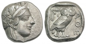 Attica, Athens, c. 454-404 BC. AR Tetradrachm (24.5mm, 17.21g, 6h). Helmeted head of Athena r. R/ Owl standing r., head facing; olive sprig behind; al...