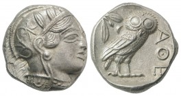 Attica, Athens, c. 454-404 BC. AR Tetradrachm (25mm, 17.23g, 1h). Helmeted head of Athena r. R/ Owl standing r., head facing; olive sprig behind; all ...