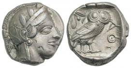 Attica, Athens, c. 454-404 BC. AR Tetradrachm (23mm, 17.14g, 3h). Helmeted head of Athena r. R/ Owl standing r., head facing; olive sprig behind; all ...