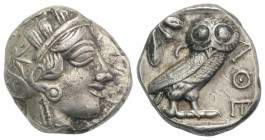 Attica, Athens, c. 454-404 BC. AR Tetradrachm (24mm, 17.17g, 9h). Helmeted head of Athena r. R/ Owl standing r., head facing; olive sprig behind; all ...