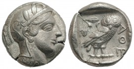 Attica, Athens, c. 454-404 BC. AR Tetradrachm (25mm, 17.16g, 10h). Helmeted head of Athena r. R/ Owl standing r., head facing; olive sprig behind; all...