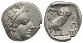 Attica, Athens, c. 454-404 BC. AR Tetradrachm (24mm, 17.21g, 3h). Helmeted head of Athena r. R/ Owl standing r., head facing; olive sprig behind; all ...