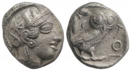 Attica, Athens, c. 454-404 BC. AR Tetradrachm (24mm, 16.45g, 1h). Helmeted head of Athena r. R/ Owl standing r., head facing; olive sprig behind; all ...