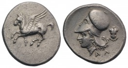 Corinth, c. 375-300 BC. AR Stater (25mm, 8.38g, 2h). Pegasos flying l. R/ Helmeted head of Athena l.; cuirass to r., AΛ below. Pegasi 409. Good VF