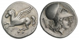 Corinth, c. 375-300 BC. AR Stater (21mm, 8.55g, 7h). Pegasos flying l. R/ Head of Athena r., wearing Corinthian helmet; behind, club and N. Pegasi -; ...