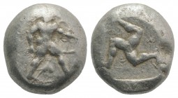 Pamphylia, Aspendos, c. 465-430 BC. AR Stater (17.5mm, 10.88g, 6h). Warrior advancing r., holding shield and spear; ivy-leaf below. R/ Triskeles withi...