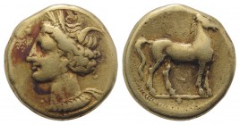 Carthage, c. 320-310 BC. EL Stater (18mm, 7.43g, 12h). Head of Tanit l., wearing wreath of grain ears; pellet before. R/ Horse standing r.; pellet bel...