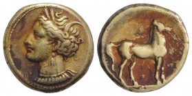 Carthage, c. 320-310 BC. EL Stater (18mm, 7.58g, 12h). Head of Tanit l., wearing wreath of grain ears. R/ Horse standing r. Jenkins & Lewis Group IV. ...