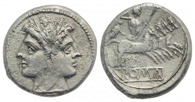 Anonymous, Rome, c. 225-212 BC. AR Quadrigatus (20mm, 6.34g, 9h). Laureate head ...