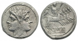 Anonymous, Rome, c. 225-212 BC. AR Quadrigatus (20mm, 6.34g, 9h). Laureate head of Janus. R/ Jupiter, holding sceptre and thunderbolt, in quadriga dri...